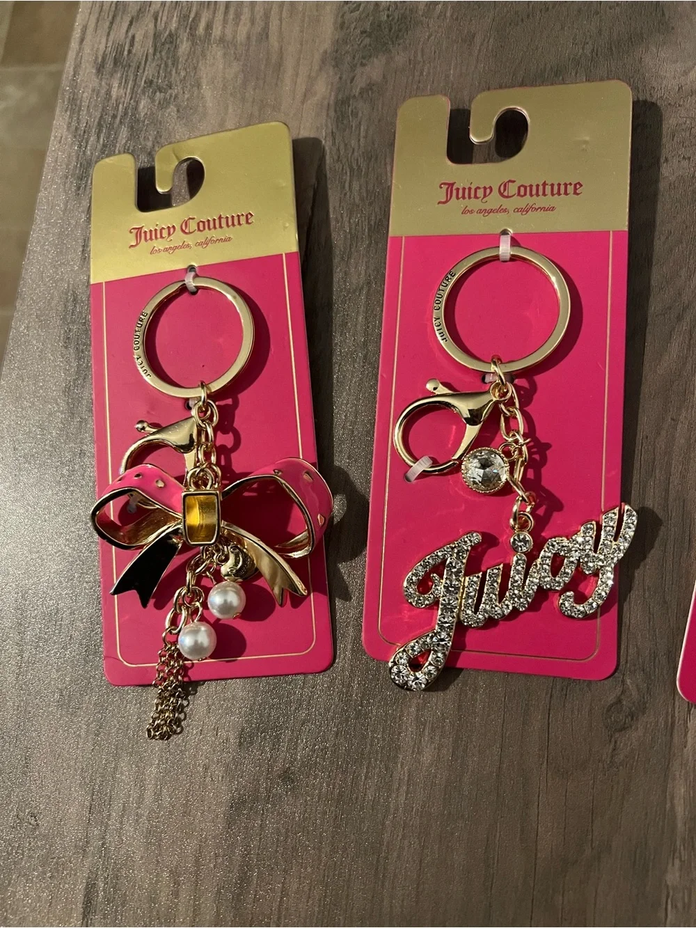 Juicy Couture Pink & Gold Bow, Juicy Script, Dog & Heart Lock Keychain Set